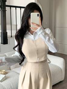 abyoxi 女士杏色和白色撞色领长袖单排扣短款衬衫，休闲通勤日常简约办公穿搭，适合秋冬季穿着 - 杏色 - 查看 7