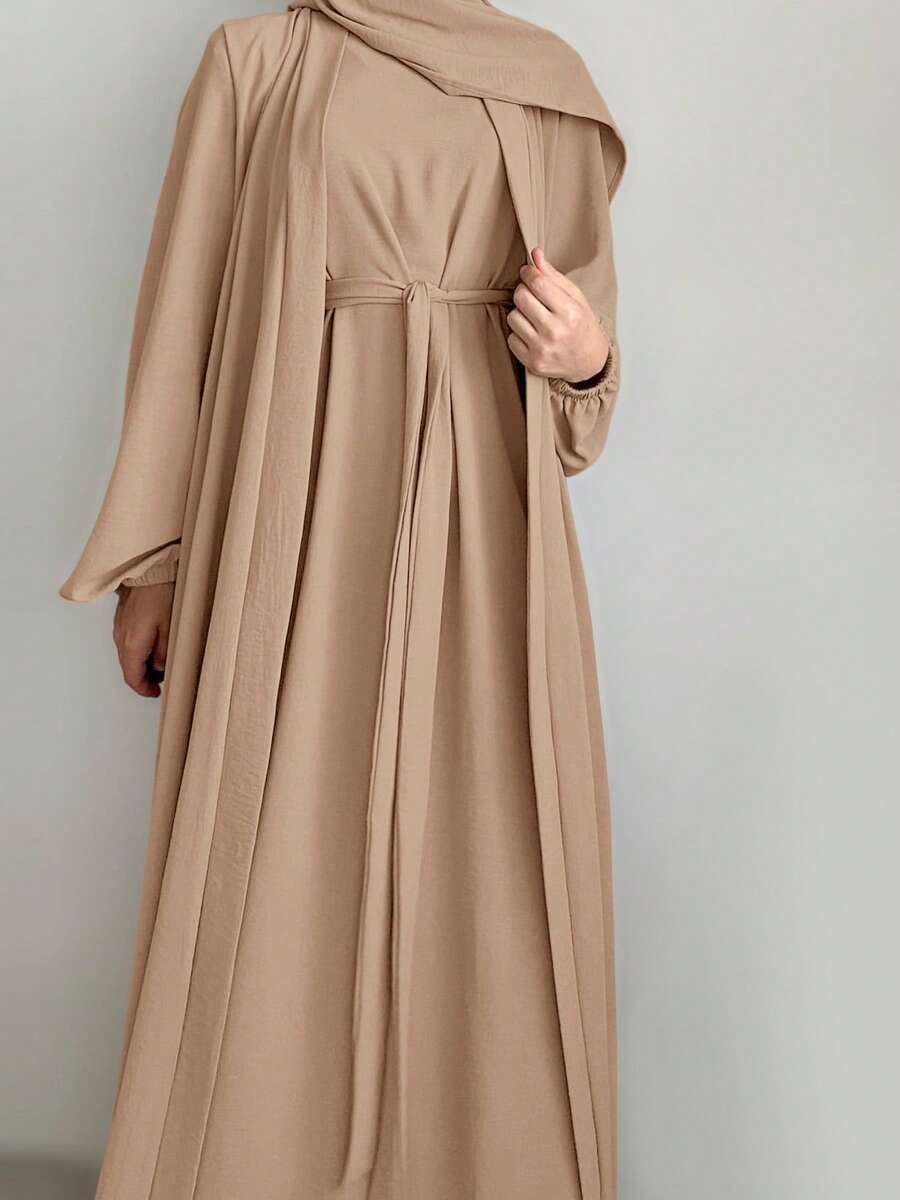 Women's Solid Color Comfortable Casual Loose Cardigan + Sleeveless Robe Two Pieces Set Abaya Robe With Belt - No Headscarf, Quick Ship - Khaki - View 1