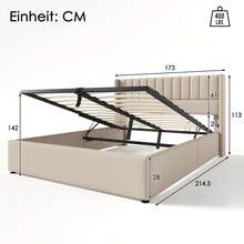 Storage Bed, Upholstered Bed, Hydraulic Double Bed 160x200cm, Wooden Slatted Base, Bed With Metal Slatted Frame, Linen, Beige (With Mattress) - Beige + Linen - View 9