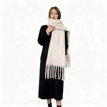 1pc Solid Color Scarf, Winter Warm Neck, Thickened Wool Knitted Thick Fringed Shawl, Can Be Worn For Dress - Burgundy - View 11