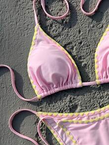 Women's Summer Beach Floral Trim Halter Tie Sexy Bikini Swimsuit Set - Pink - View 3