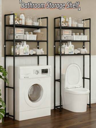 1个2-3层浴室收纳架，多功能落地式整理架，适用于马桶、洗衣机等物品，坚固的塑料层板，16毫米厚金属管，耐用的浴室配件支架，节省空间，易于组装，实用浴室收纳架