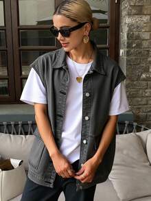 Livesso Women Vest Denim Jacket With Flap Coats Fall/Winter - Grey - View 5