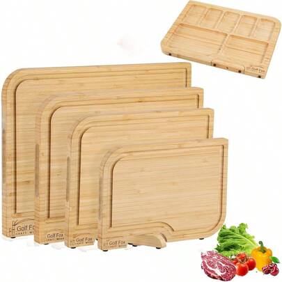 4-PCS Bamboo Cutting Board Set With Innovative Stand Design For Kitchen Use Featuring Juice Groove And Ergonomic Handle Double-Sided Usage Ideal For Chopping Vegetables Meat And Fruits Perfect Charcuterie Board Solution Practical And Elegant Kitchen Gift For Home Cooks Seeking Durable  And Space-Saving Food Preparation Tools