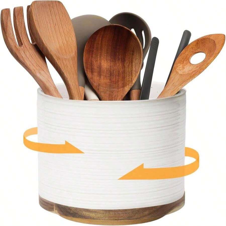 DOWAN 360° Rotating Extra Large Cooking Utensil Holder, 76" Kitchen Utensil Holder For Countertop, Utensil Crock For Farmhouse Kitchen Decor, Ceramic Stable Utensil Caddy, Soft White - ColorD - View 1