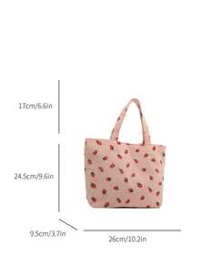 草莓印花手提包，可爱风格手提包，时尚大容量多功能女士单肩包，灯芯绒，卡哇伊 - 粉色 - 查看 5