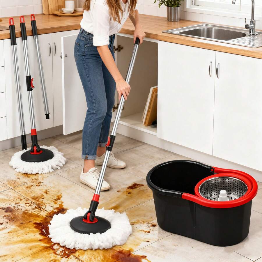 Spin Mop And Bucket With Wringer Set, With 1 Microfiber Mop Replacement Heads For Floor Cleaning(Without Soap Bottle) - màu đen - Xem 1