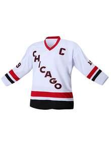 Men's Embroidered Ice Hockey Jersey, White Casual V-Neck Long Sleeve T-Shirt, Party & Sports Wear - White - View 2