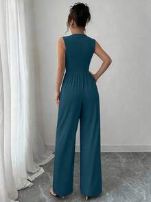 Women's Summer Knit Romper Elegant Casual Romper Sleeveless High Neck Wide Leg Romper Belt Pocket - 湖藍色 - 查看 2