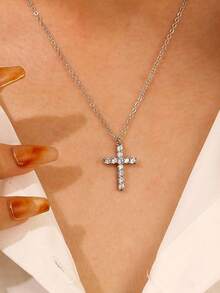 A Simple Micro-paved Cross Necklace For Daily Wear By Men And Women - Silver - View 11
