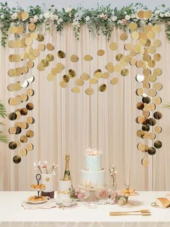 1 String Of Gold Champagne Polka Dot Decor (157.4 Inches Long, 36pcs Round Discs) | Hanging Criss-Cross Tassel Garland; Wedding Reception Backdrop, Birthday Party Photo Backdrop, Graduation Ceremony Decor, New Year's Eve Party Decoration, Theme Event Prop, Store Window Display