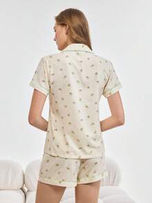 Bonmuse 樱桃印花甜美可爱睡衣套装，适合秋冬季；女士睡衣和家居服，配有长袖纽扣上衣和裤子，秋季衣服 - 杏色 - 查看 7