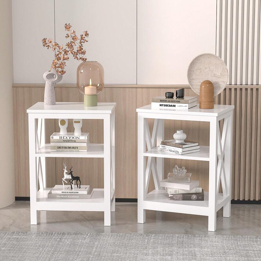 VECELO Set Of 2 Nightstand With 3-Tier Open Shelves - X-Shape Metal Frame Bedside Table, Small End Table For Bedroom & Living Room,White - White - View 1