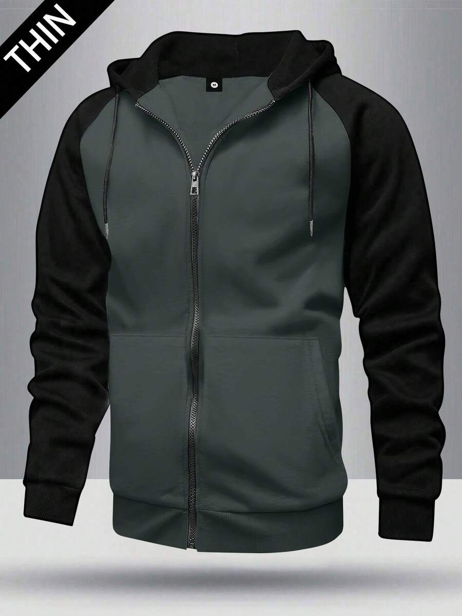 Męska kurtka z długim rękawem i kieszeniami, regularny krój, bluza z kapturem i zamkiem błyskawicznym, kontrastowa, prosta, sportowa odzież wierzchnia, odpowiednia na jesień, prezent dla męża/chłopaka, na ulicę, do pracy, na zewnątrz, na święta