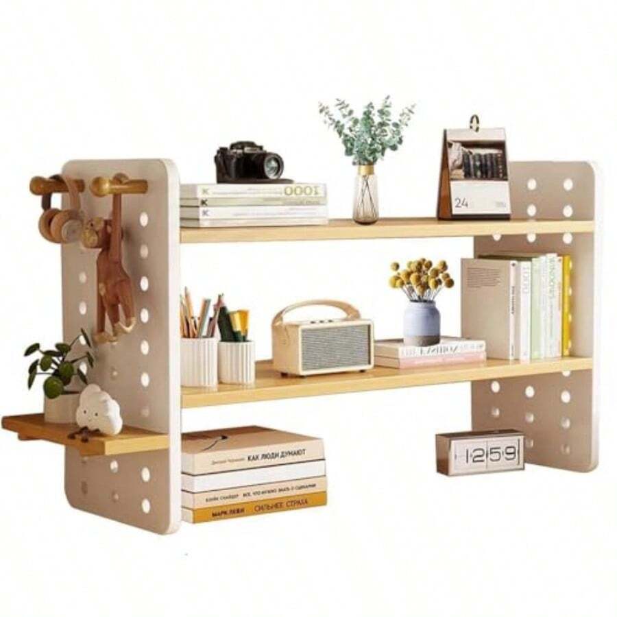 Desktop Shelving Students To Learn Organize Shelves Computer Desk Multi-Layer Hole Board Tabletop Solid Wood Bookshelf Organizer - As Pic - View 1
