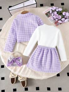 Girls' Purple Plaid Jacket, Cartoon Print T-Shirt, And Skirt
