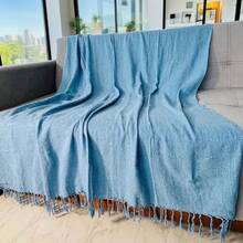 Set Of 2 Throws For Sofa Or Bed, 100% Cotton, Size 210x120, Decorative And Protective Cover For A New And Elegant Home - 淺藍色 - 查看 4