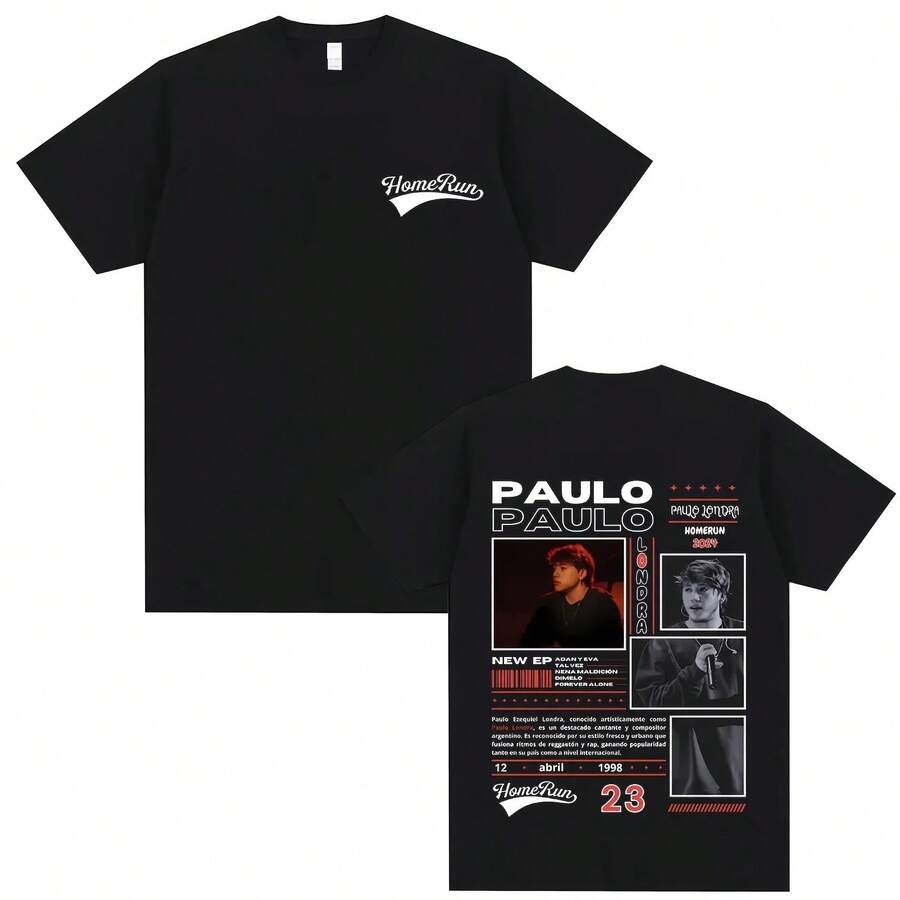 Rare Rapper Paulo Londra Homerun Graphic T-Shirt Male Vinatge Casual Short Sleeve Men Women Hip Hop - màu đen - Xem 1