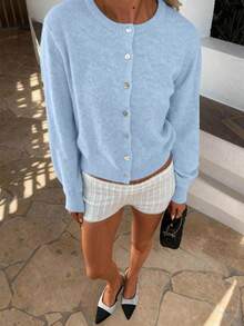 Áo len dệt kim cổ tròn, cài cúc đơn màu xanh dương mới của FOR BEAUTY mùa Thu/Đông, thời trang, tối giản, nhẹ nhàng, thanh lịch, kiểu dáng rộng rãi thoải mái, phù hợp cho đi làm hàng ngày, phong cách đường phố, trang phục mùa thu dành cho nữ, áo khoác len màu xanh dương. - Màu xanh lam - Xem 4