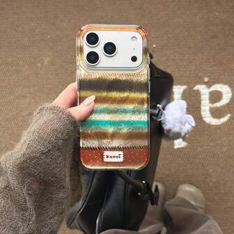 Autumn/Winter Brown & Green Striped Knit Pattern Phone Case Compatible With Apple 17 Pro Max/ 16 Pro Max/15 Pro Max/14 Pro/13, Men & Women Creative Design Phone Case