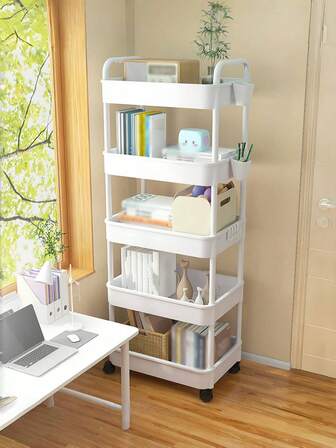 4-Tier Plastic Rolling Utility Cart With Handle, Multi-Functional Storage Trolley For Office, Living Room, Kitchen, Movable Storage Organizer With...