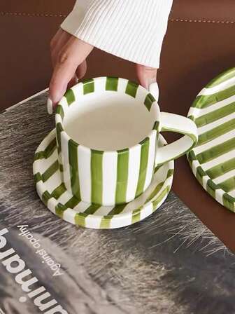 一套手绘日式陶瓷马克杯，复古条纹咖啡杯，早餐杯，办公室下午茶杯，拉花杯，果汁饮料杯，情侣水杯，节日送礼佳品