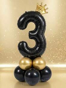 10件組 32英吋黑色數字0-9生日派對裝飾氣球套組，迷你金色皇冠鋁箔氣球，10英吋金屬色金色乳膠氣球，5英吋黑色乳膠氣球，黑金奢華高級風 - 彩色 - 查看 4