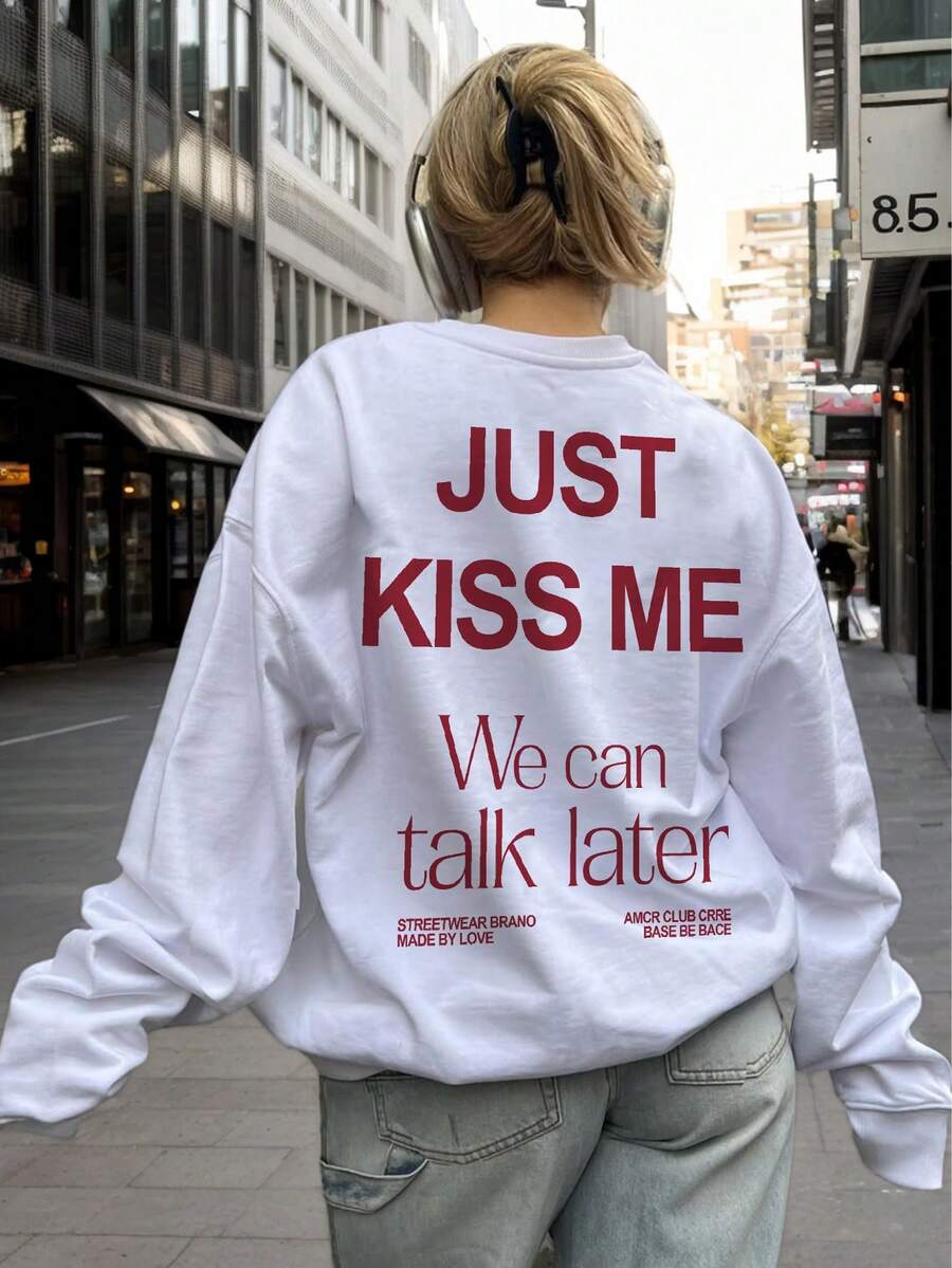 Women's Casual Crew Neck White Sweatshirt With Simple INS English Print, Fashionable And Versatile For Daily Wear, Autumn/Winter Spring - White - View 1