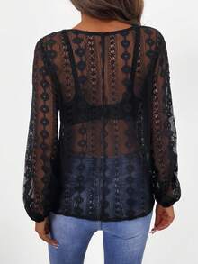 EARO Damen Schwarzer Langarm Häkel-Pullover, eleganter Rundhals-Pullover in Normallänge aus nicht-dehnbarem Stoff, lässiges Shirt mit transparentem Design, vielseitig und stilvoll - Schwarz - Übersicht 6