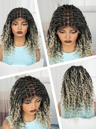 A ANYTIME 短款波西米亚风盒式辫子假发 全蕾丝波西米亚风辫子假发 合成卷发带婴儿发