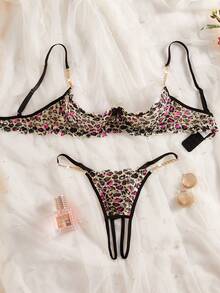 Women's Lingerie Set, Black Leopard Lace Trim With Gold Chain, 1/4 Cup Open Crotch Hollow-Out Design - Multicolor - View 2