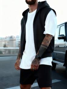 Áo hoodie có khóa kéo thường ngày có túi, áo nỉ chui đầu không tay, vải dệt kim polyester, áo chui đầu có khóa kéo dành cho nam - màu đen - Xem 2