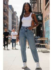 High-Waisted Rigid Denim Mom Fit Jeans - Authentic Wash 100% Coton, Made In Türkiye - Blue - View 6