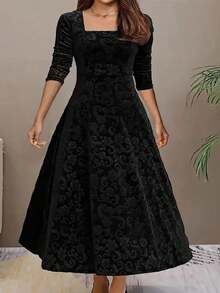 Plus Size Elegant Solid Color Jacquard Long Sleeve Square Neck Dress Black Spring - Black - View 1