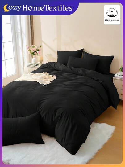 2/3pcs Solid Color Duvet Cover Set, 100% Cotton Bedding, Super Soft Anti-Pilling, Skin-Friendly Breathable, Suitable For All Seasons, Machine Washable, Fashionable Bedroom/Wedding Decor, Multiple Sizes Available, Without Comforter And Pillow Insert, Home Essential, With Zipper, Room Decor, Gift For Parents/Friends, Queen Size Bedding Set, Black