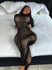 Hot Fix Sexy Lingerie With Camisole Jumpsuit, Jacquard Open Style Fun Online Clothing Bikini Cover-Up - Black - View 4