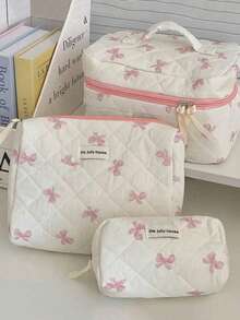 Pink Bow Pattern Cosmetic Bag, Lightweight Zipper Makeup Organizer, Sweet Style Multi-Functional Toiletry Storage Box, Mother's Day Gift, Gift For Girlfriends And Teachers. Cosmetic Bag, Makeup Organizer, Makeup Pouch, Cosmetic Storage Box, Jewelry Box, Lip Gloss Holder, Nail Polish Organizer, And Makeup Bag For Girls And Women - Pink - View 3