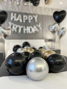 43件套豪华生日派对装饰：16英寸银色“生日快乐”字母横幅气球、18英寸黑/银色心形铝箔气球、10英寸黑/金/银色乳胶气球，打造优雅生日派对装饰和房间装饰。 - 彩色 - 查看 11