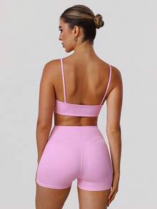 Sodalemon Women 2Pcs Fitness Sets Backless Padded Sport Bra No Front Seam Outdoor Cycling Shorts Elastic Gym Training Sport Set - 粉色 - 查看 6