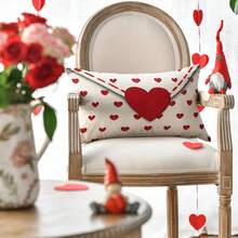 1个情人节信封式枕套，12 x 20英寸红色爱心白色周年纪念婚礼装饰靠垫套，沙发装饰，单面，不含枕芯 - 紅白色 - 查看 4