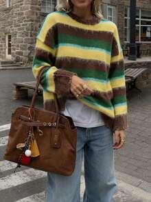 2025 Autumn/Winter New Fashion Niche Round Neck Contrast Color Striped Casual Long Sleeve Women Sweater, Wool Material