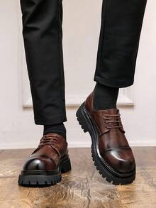 Men's Versatile Korean Style British Casual Lace-Up Thick Sole Solid Color Business Shoes, Suitable For Party, Commute, Street Wear, All Season - màu nâu - Xem 3