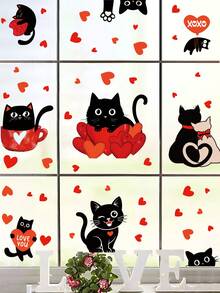 情人节快乐！红色心形气球箭头贴纸，黑色猫咪情人节窗贴，双面情人节猫咪窗贴，浪漫心形红色窗贴，情人节装饰用品 - 彩色 - 查看 1