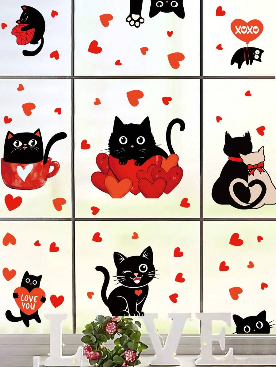 情人节快乐！红色心形气球箭头贴纸，黑色猫咪情人节窗贴，双面情人节猫咪窗贴，浪漫心形红色窗贴，情人节装饰用品 - 彩色 - 查看 1