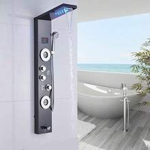 Sistema de ducha LED Panel de ducha de lluvia negra Sistema de torre Sistema de cabezal de ducha de cascada montado en la pared 5 funciones Columna de ducha de masaje con ducha de mano - Negro - Ver 2