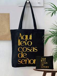 Unisex Tragetasche Set, inklusive Umhängetasche und Kosmetiktasche, minimalistischer College-Stil, Baumwollmaterial, faltbar, tragbar, strapazierfähige bedruckte Handtasche in Schwarz - Verschiedenfarbig - Übersicht 15