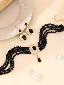 1 Set Fashion Women's Jewelry Set - Earrings & Necklace With Rhinestone Inlaid, Handmade Beaded Bohemian Style Bridal Wedding Dress Accessories, Holiday Gift