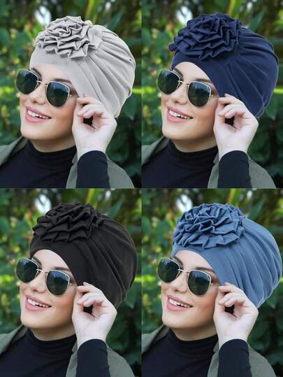 1件新款时尚花卉头巾帽，纯色弹力头巾帽，适合穆斯林女性