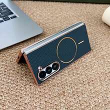 1pc Luxury Business Plaid PU Leather Coated Phone Case, Compatible With Samsung Galaxy Z Fold 7/6/5/4, Supports Wireless Charging, Full-Body Protective Cover - Navy Blue - View 5