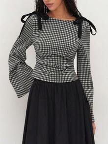 Women Gingham Long Sleeve Top Bowknot Shirt Cute Bow Ruched Long Sleeve Boat Neck Slim Fit Top Going Out Streetwear Elegant Dressy Blouse Aesthetic Clothes - 黑色 - 查看 2